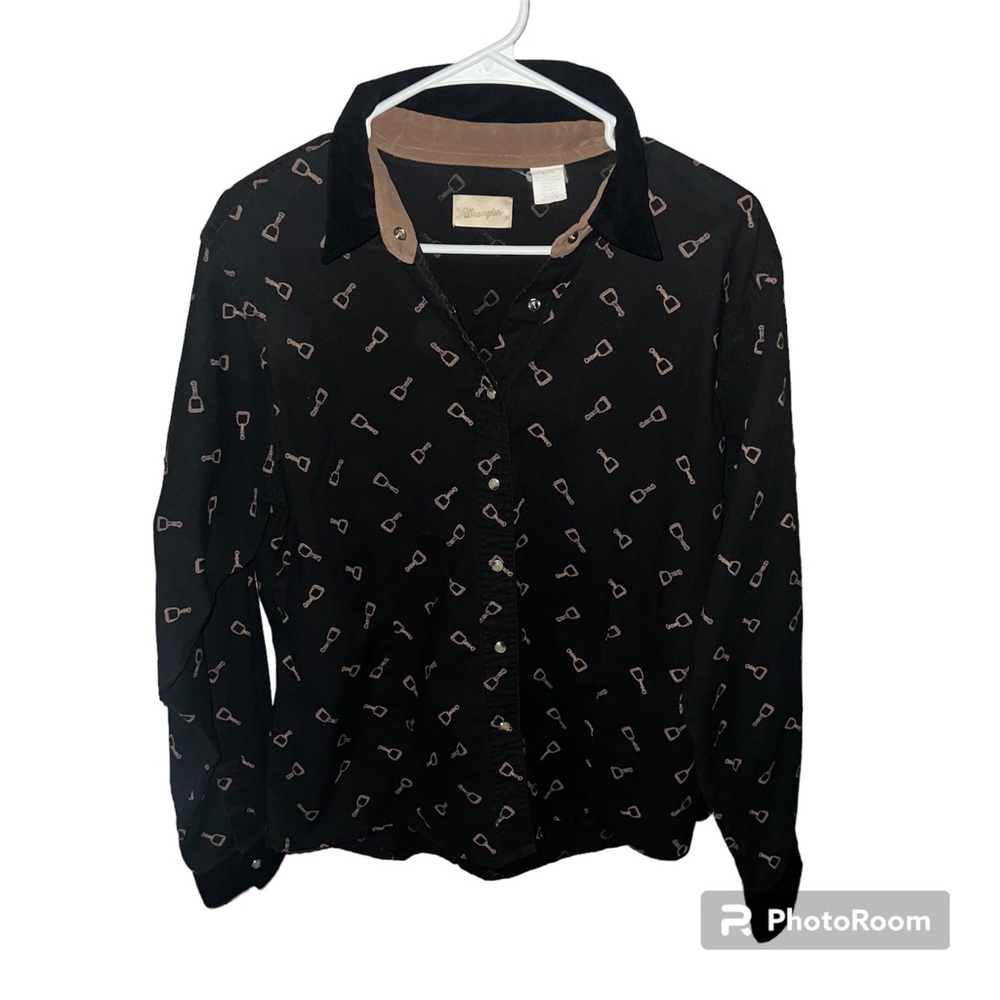 Vintage Men's Wrangler Shirt Western Black Snap Long Sleeved horse bit Pattern L